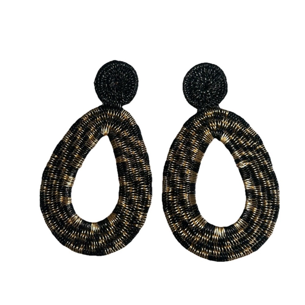 Wounaan Handwoven Werregue Palm Oval Drop Black Gold Plated Bronze Earrings